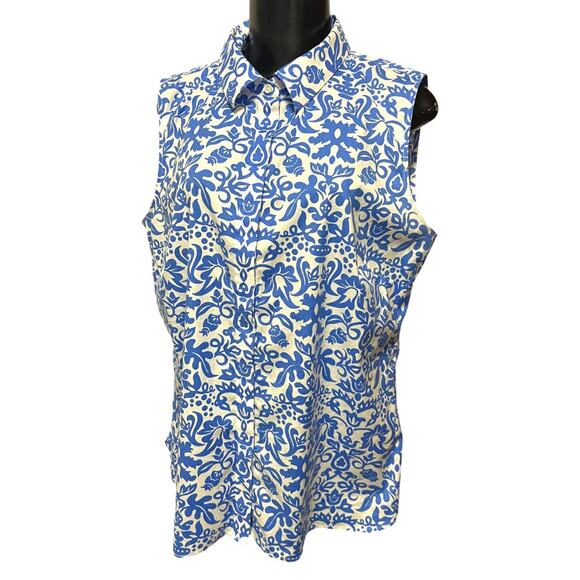 Size 16 Talbots Button Up Wrinkle Resistant Sleeveless Floral Shirt Blue - Picture 3 of 12